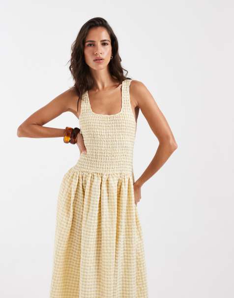 ASOS DESIGN smockad maxiklänning i krämfärgad gingham - view 1