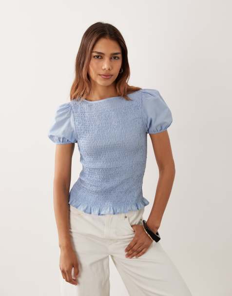 ASOS DESIGN smockad topp med långa ärmar i blå voile - view 1
