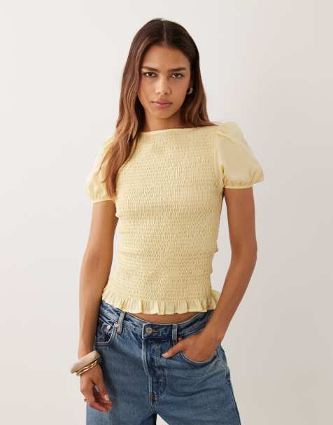 ASOS DESIGN smockad topp med långa ärmar i buttermilk voile - view 1