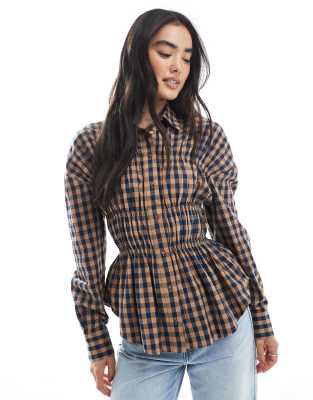 Asos Design Smocked Detail Shirt In Brown