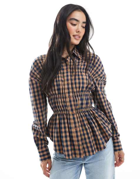 ASOS DESIGN smocked detail shirt in gingham check - view 1