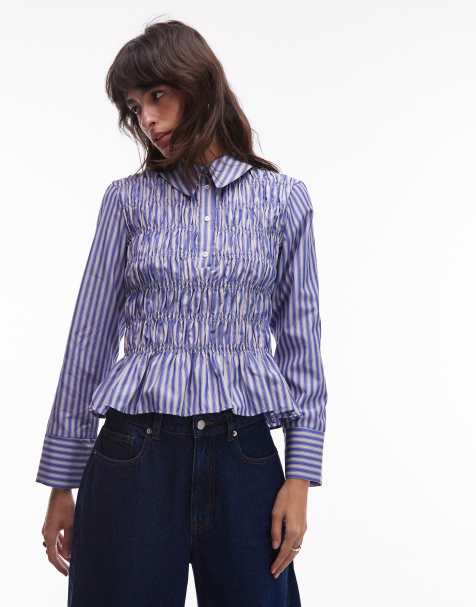 ASOS DESIGN smocked placket shirt in stripe - view 1