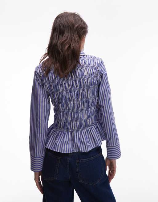 ASOS DESIGN smocked placket shirt in stripe, 3 of 4