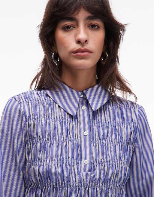ASOS DESIGN smocked placket shirt in stripes, 2 of 4