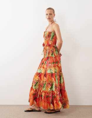 ASOS DESIGN smocked waist tiered co-ord maxi skirt in fruit print-Multi