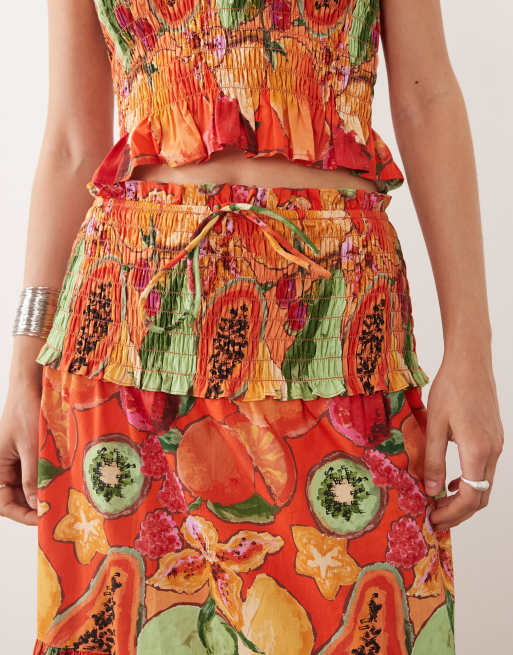 ASOS DESIGN smocked waist tiered co-ord maxi skirt in fruit print, 5 of 5