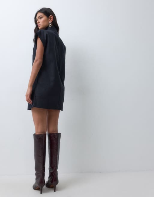 ASOS DESIGN smockminiklänning med hög ståkrage i svart strukturtwill, 4 av 5