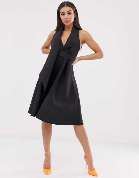 ASOS DESIGN – Smoking-Ballkleid in Midilänge mit gefalteter Vorderseite und asymmetrischem Detail