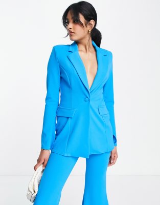 ASOS DESIGN – Smoking-Blazer aus Jersey in Technoblau mit Ärmelschlitzen 