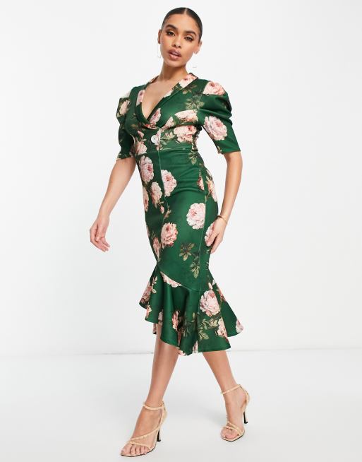 ASOS DESIGN - Smoking-midikjole med pufærmer i efterårsblomsterprint 