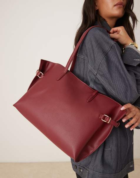 ASOS DESIGN smooth tote bag with belt detail in burgundy - view 1