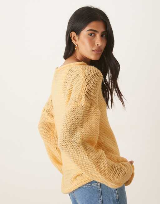ASOS DESIGN – Smörgul, avslappnad, stickad tröja med rullfåll och rak ringning, 3 av 4