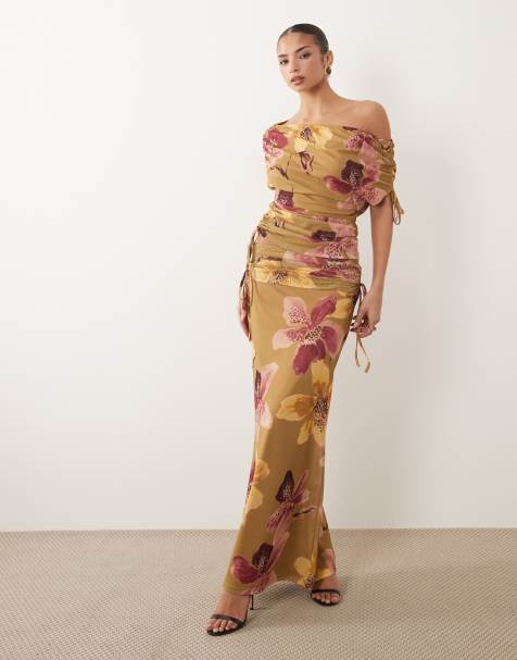 ASOS DESIGN – Smörgul, blommig, rynkad maxikjol i mesh, del av set - view 1