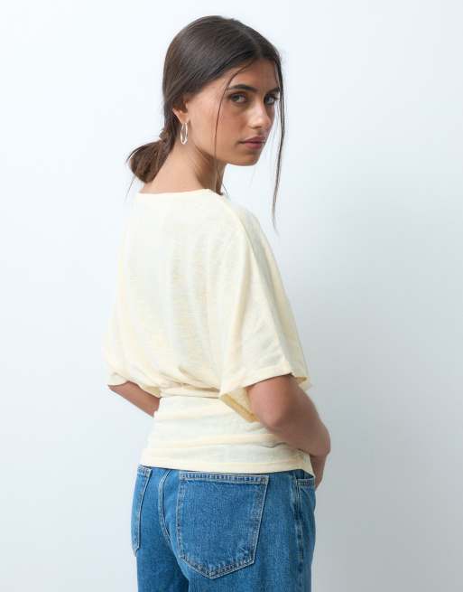 ASOS DESIGN – Smörgul, skir, slubvävd topp med pingvinärmar och indragen midja, 2 av 4