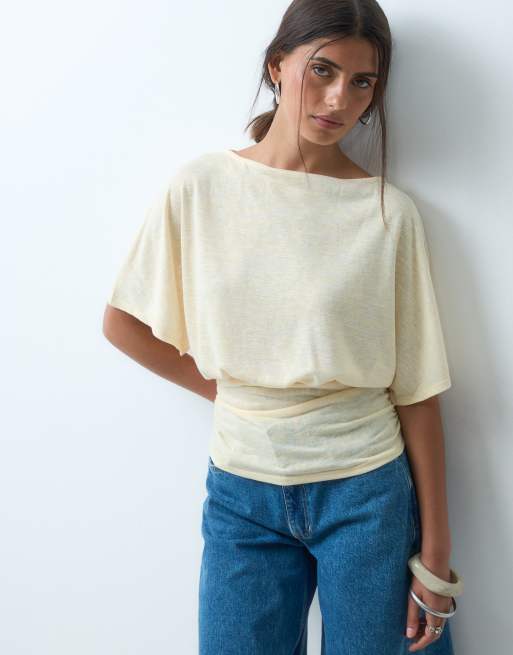 ASOS DESIGN – Smörgul, skir, slubvävd topp med pingvinärmar och indragen midja, 3 av 4