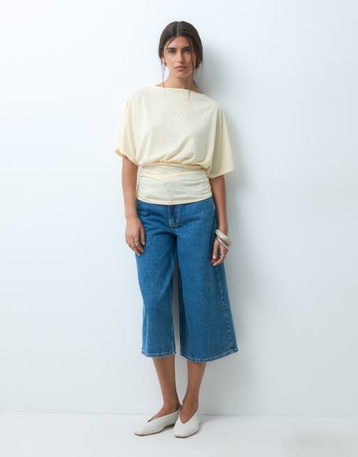 ASOS DESIGN – Smörgul, skir, slubvävd topp med pingvinärmar och indragen midja, 4 av 4