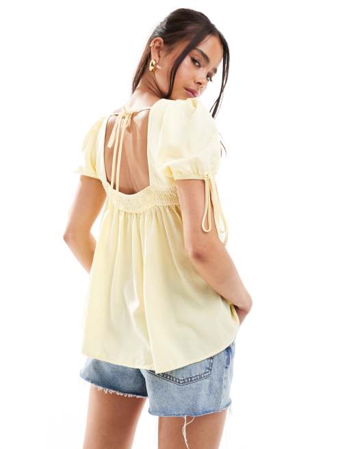 ASOS DESIGN – Smörgul smocktopp i linne, 4 av 4