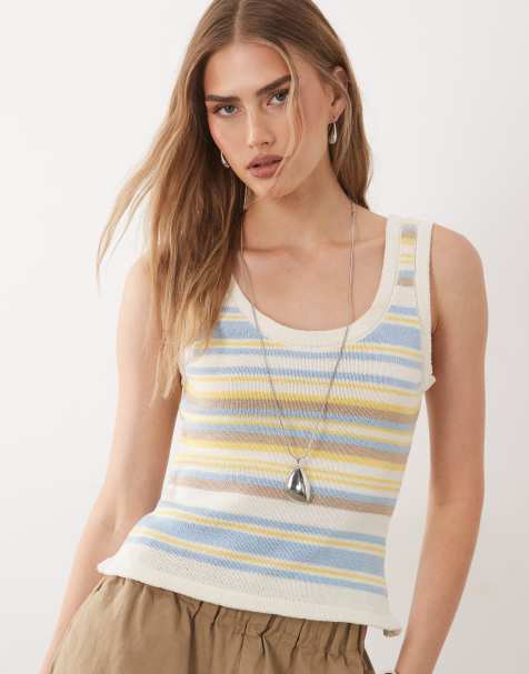 ASOS DESIGN – Smörgult, randigt och stickat linne i bomullsmix - view 1