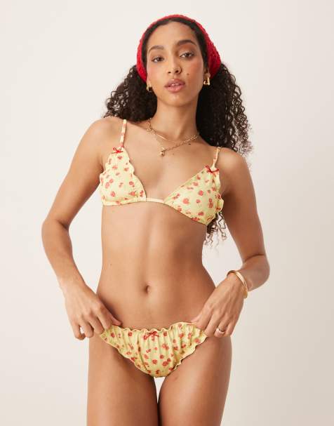 ASOS DESIGN - Smørgule og cheeky bikinitrusser med rynker og kirsebær- og roseprint - view 1