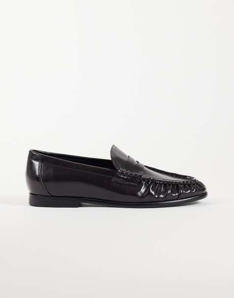 ASOS DESIGN smukłe loafersy penny z marszczeniem w kolorze burgundowym, lakierowane - view 1
