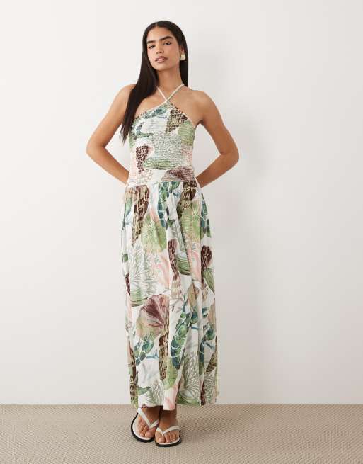 ASOS DESIGN – Snäckskalsmönstrad, krinklad midiklänning med smala axelband och halterneck, 4 av 4