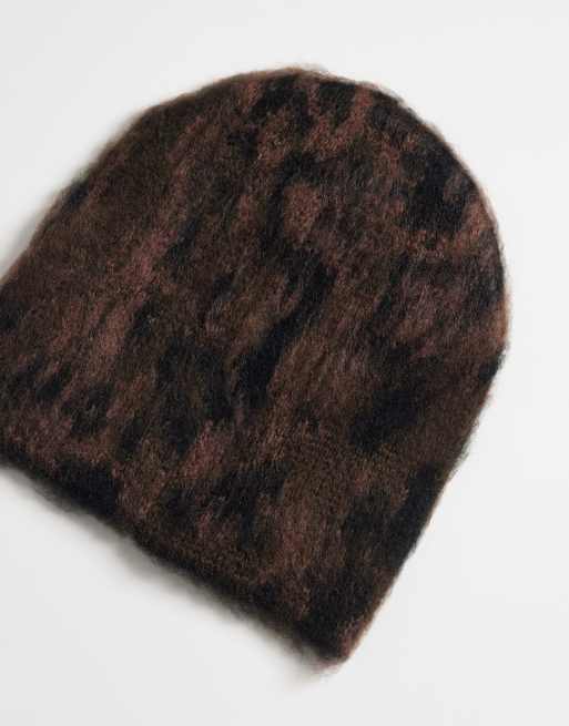 ASOS DESIGN snake and leopard print brushed skull beanie in brown, 2 of 3