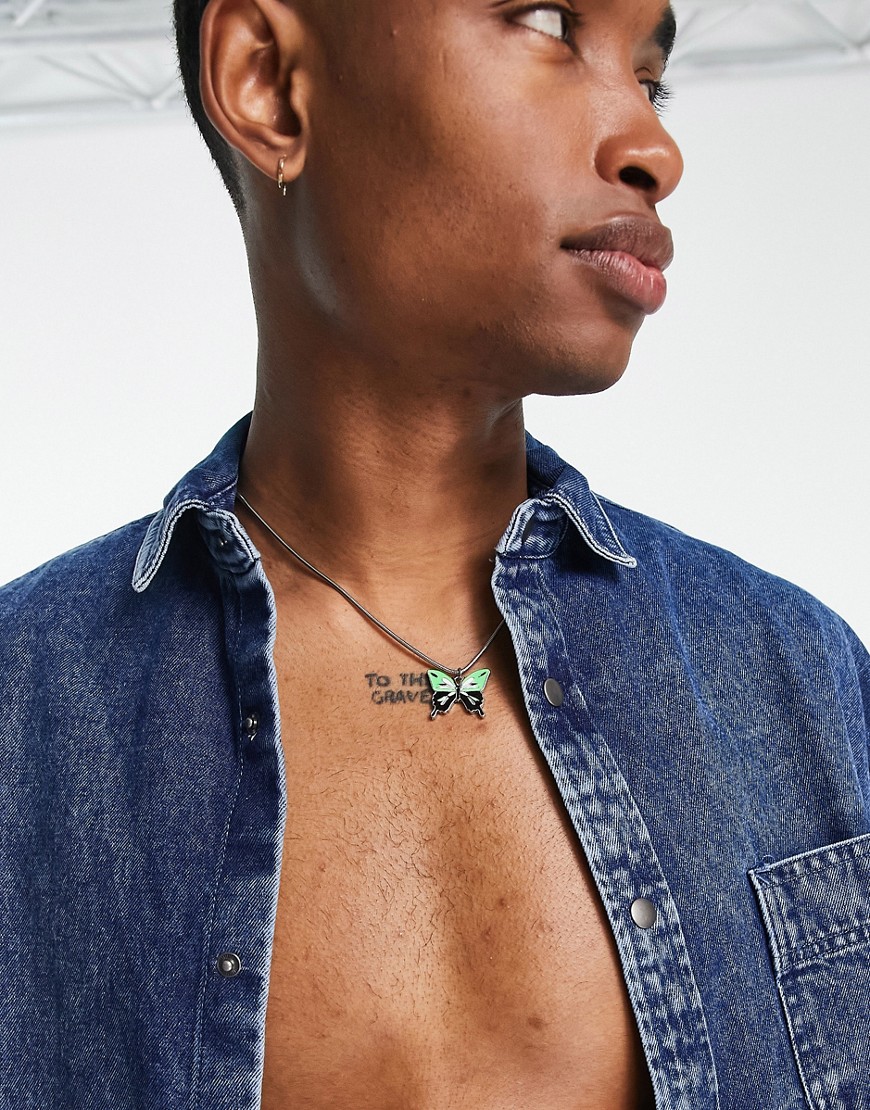 ASOS DESIGN snake chain with butterfly enamel pendant in silver tone