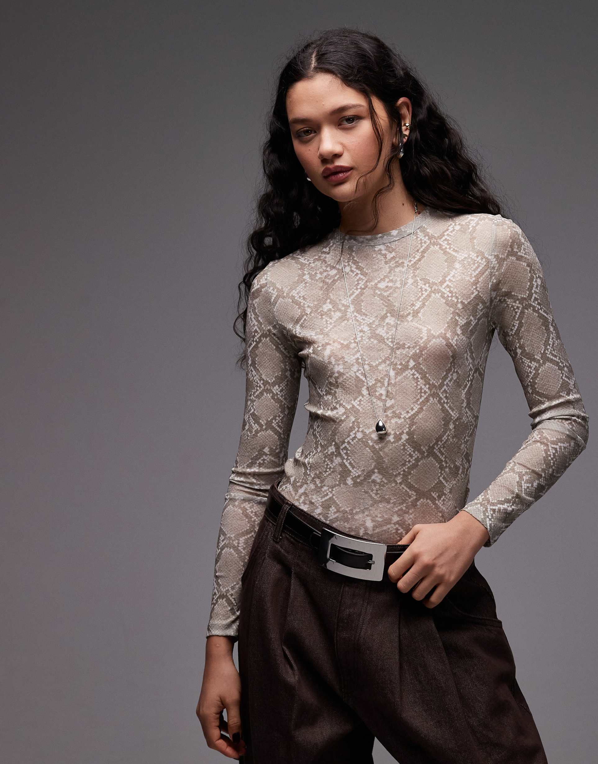 asos design snake gauzy mesh second skin top in light gray