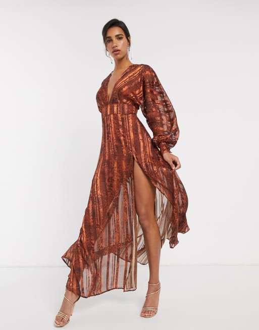 ASOS DESIGN snake print maxi dress in self stripe and blouson sleeve