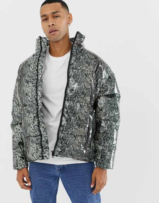 ASOS DESIGN snake print puffer jacket in grey | ASOS