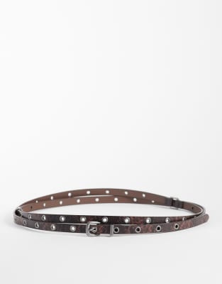 Asos Design Snake Print Studded Double Strap Skinny Faux Leather Belt In Brown