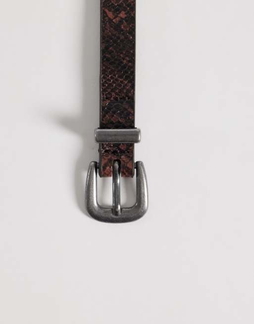 ASOS DESIGN snake print studded double strap skinny faux leather belt in brown, 2 of 3