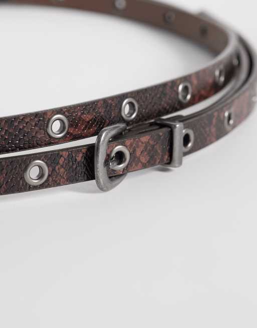 ASOS DESIGN snake print studded double strap skinny faux leather belt in brown, 3 of 3