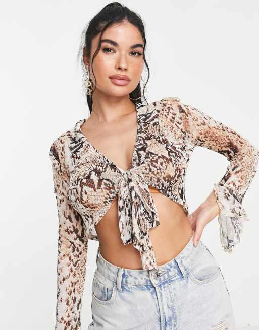 ASOS DESIGN snake print tie front mesh top | ASOS