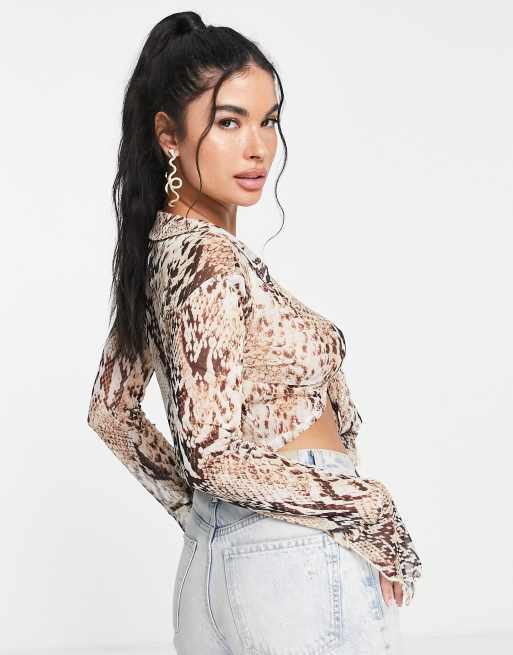 ASOS DESIGN snake print tie front mesh top | ASOS