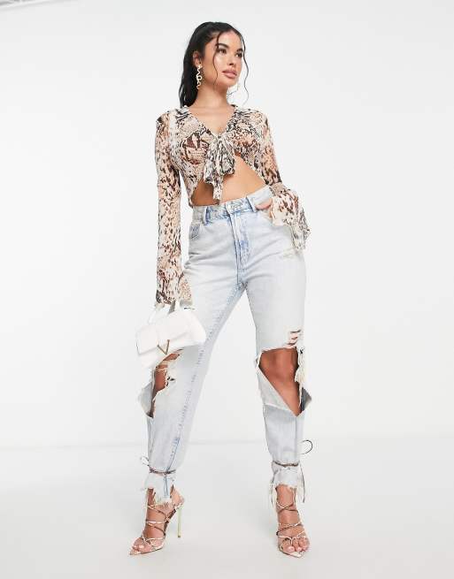 ASOS DESIGN snake print tie front mesh top | ASOS