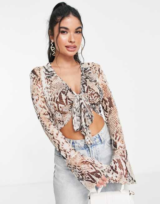 ASOS DESIGN snake print tie front mesh top | ASOS