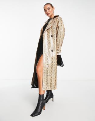 ASOS DESIGN snake print trench coat in tan-Neutral