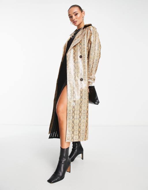 ASOS DESIGN snake print trench coat in tan