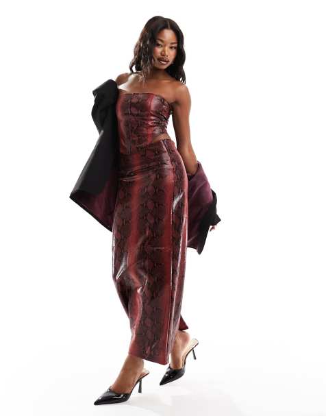 ASOS DESIGN snake PU column skirt in red co-ord