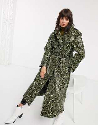 ASOS DESIGN SNAKE TRENCH COAT WITH STATEMENT BELT-GREEN JFD355