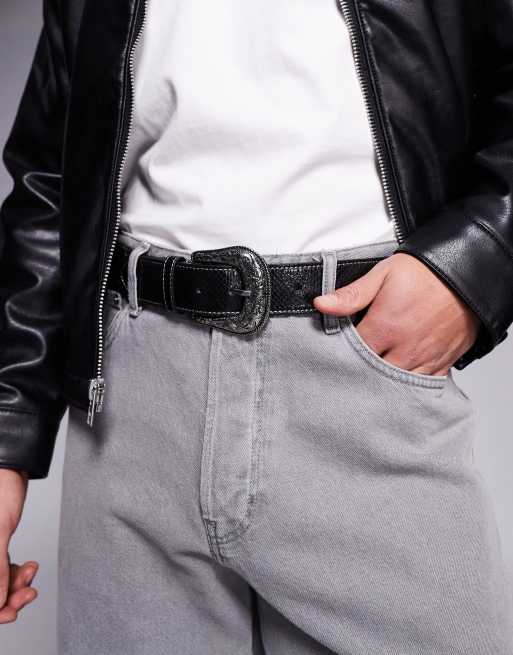 ASOS DESIGN western cowboy belt in black faux leather with snakeskin and contrast stitch detail