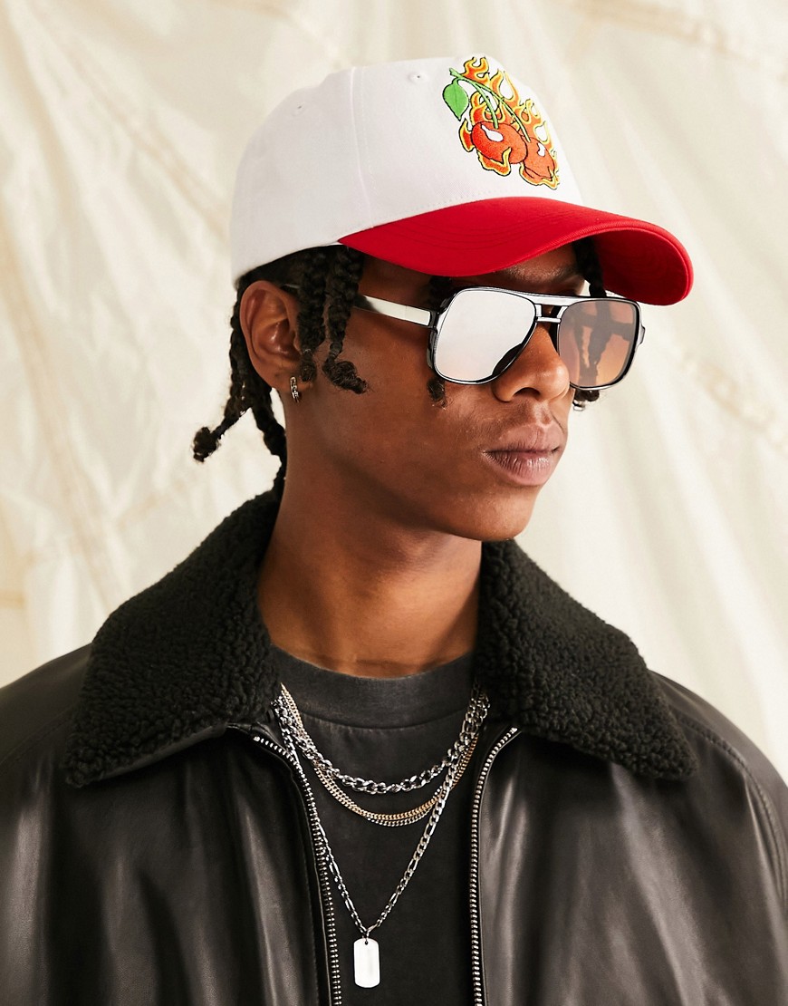 ASOS DESIGN snapback cap with cherry flame embroidery in red and white-Multi