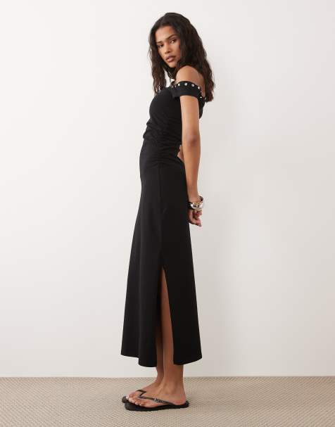 knee length dresses for ladies Black Off Shoulder Ruched Long Sleeve Midi Dress – PinkBlush main image 0