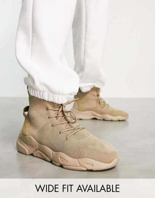 ASOS DESIGN - Sneakers a calza stringate in maglia color pietra