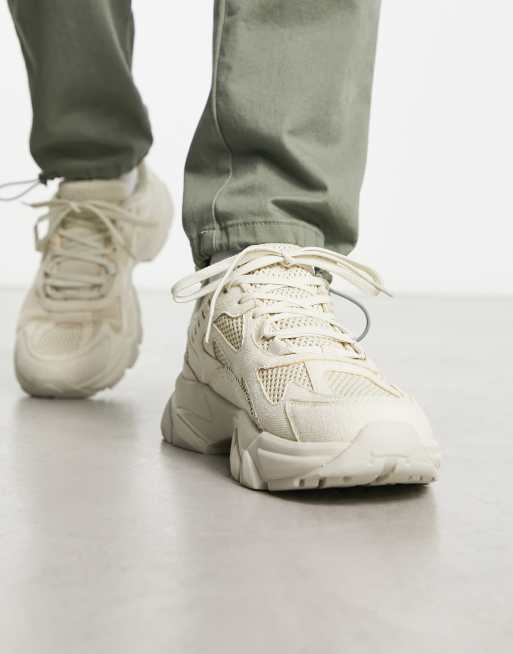 ASOS DESIGN - Sneakers con pannelli in tessuto e rete color pietra con suola spessa, 4 di 4