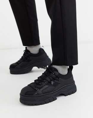 asos design trainer shoes in black leather with chunky sole