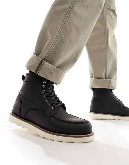 ASOS DESIGN - Snørestøvler i sort læder med sål i kontrastfarve