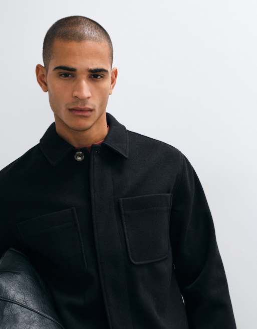 ASOS DESIGN - sobrecamisa efecto lana con doble bolsillo en negro, 3 de 5