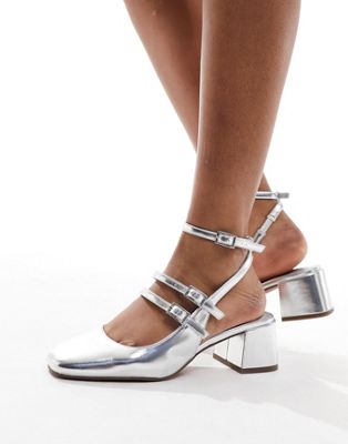ASOS DESIGN Soccer mid block heeled mary jane shoes in silver - ASOS Price Checker